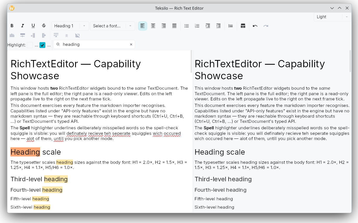 The rich text editor example: a formatting toolbar with a highlight-mode selector and a find field, above two side-by-side panes showing the same document, editable on the left and read-only on the right, with misspellings underlined and search hits highlighted in the left pane only.