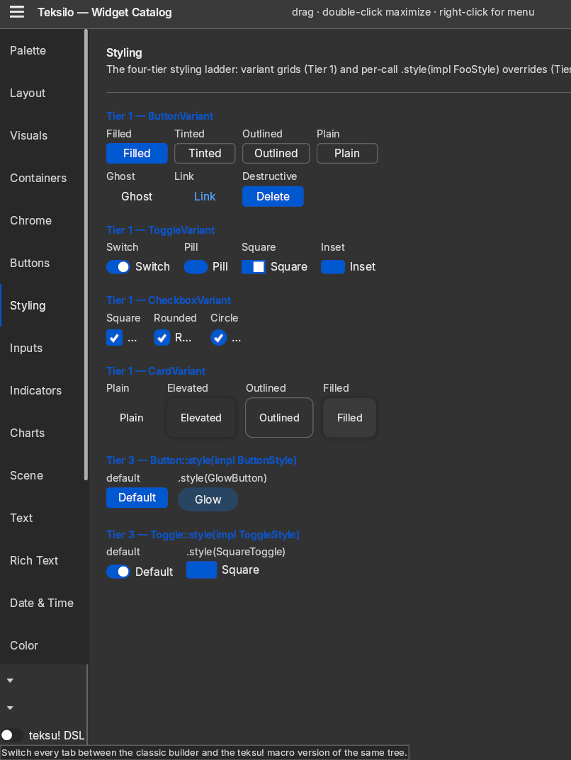 The widget catalog's styling page with the customization ladder laid out tier by tier: button variants, toggle shapes, checkbox shapes, card elevations, and two rows where a style protocol replaces a widget's chrome entirely.